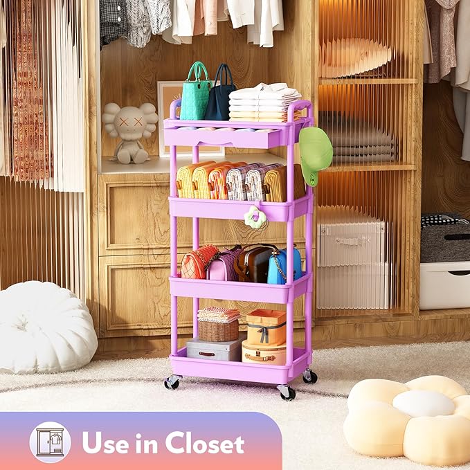 SUNALLY Makeup Cart Organizer with Drawers, 4 Tier Floor Skincare Organizers for Vanity, Rolling Makeup Bathroom Storage Cart Cosmetics Display Cases for Skin Care Perfume Nail Polish, Purple