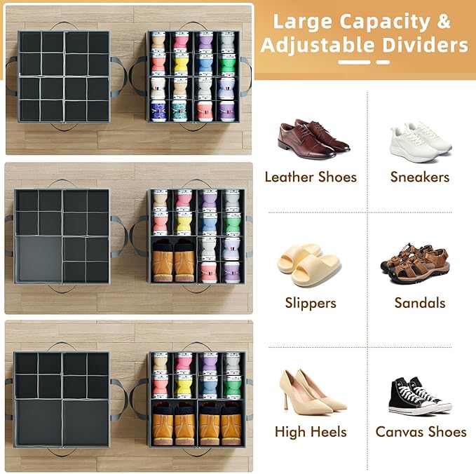 NestOrganix 2 Pack Shoe Organizer for Closet, Large Shoe Box Storage Containers, Foldable Shoe Storage Organizer Box Bin with Adjustable Dividers and Clear Cover, Space Saving Shoes Holder, Gray