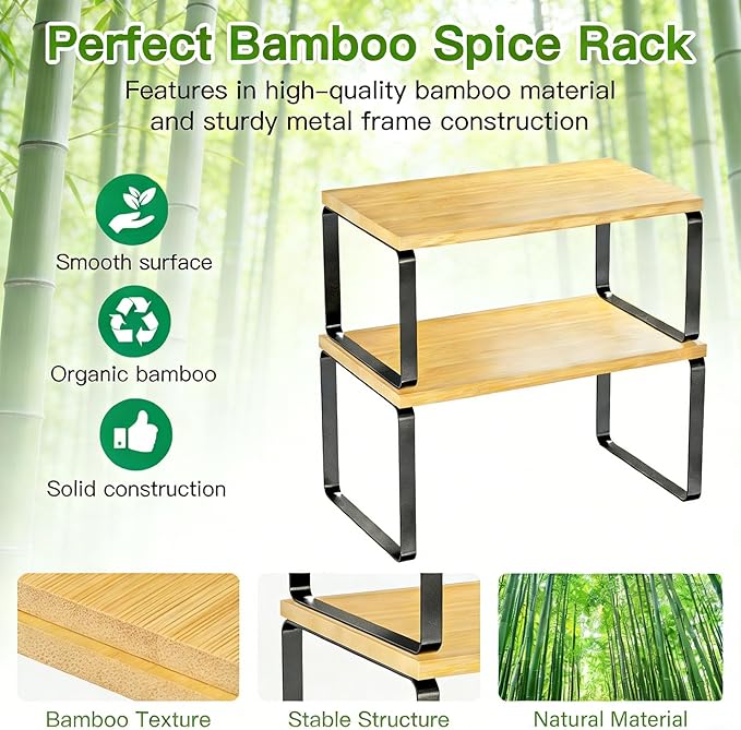 Simple Trending Bamboo Cabinet Organizer Shelf, Set of 2 Kitchen Counter Shelves, Stackable Expandable Spice Rack Kitchen Storage, Black and Natural Beige