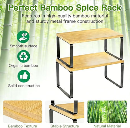 Simple Trending Bamboo Cabinet Organizer Shelf, Set of 2 Kitchen Counter Shelves, Stackable Expandable Spice Rack Kitchen Storage, Black and Natural Beige