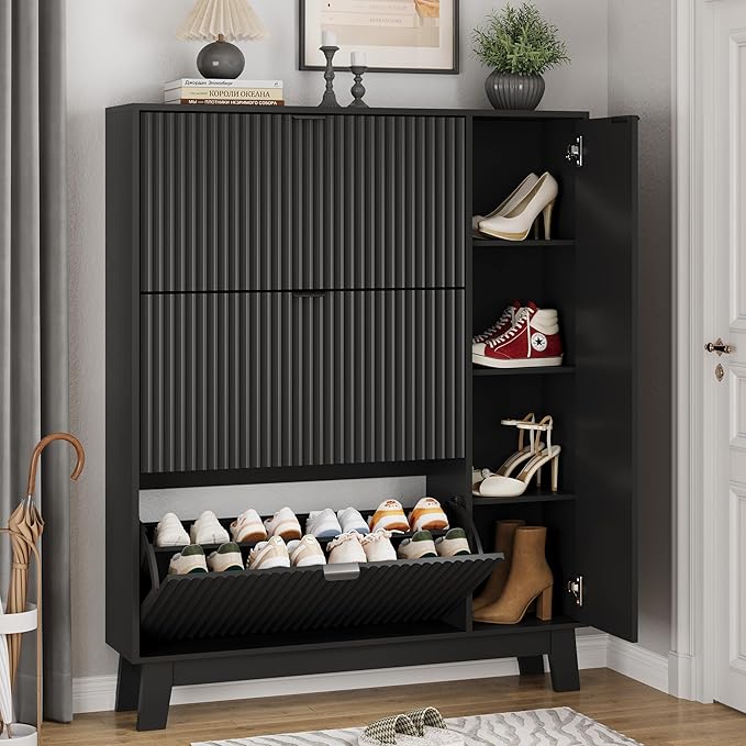 Xixini Shoe Cabinet with 3 Flip Drawers, 54" Tall Narrow Fluted Shoe Storage Organizer for Entryway, Hidden Wooden Shoe Rack with Adjustable Side Cabinet for Front Door Entrance, Hallway, Solid Black