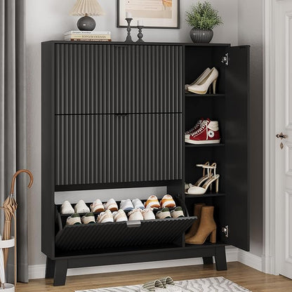 Xixini Shoe Cabinet with 3 Flip Drawers, 54" Tall Narrow Fluted Shoe Storage Organizer for Entryway, Hidden Wooden Shoe Rack with Adjustable Side Cabinet for Front Door Entrance, Hallway, Solid Black