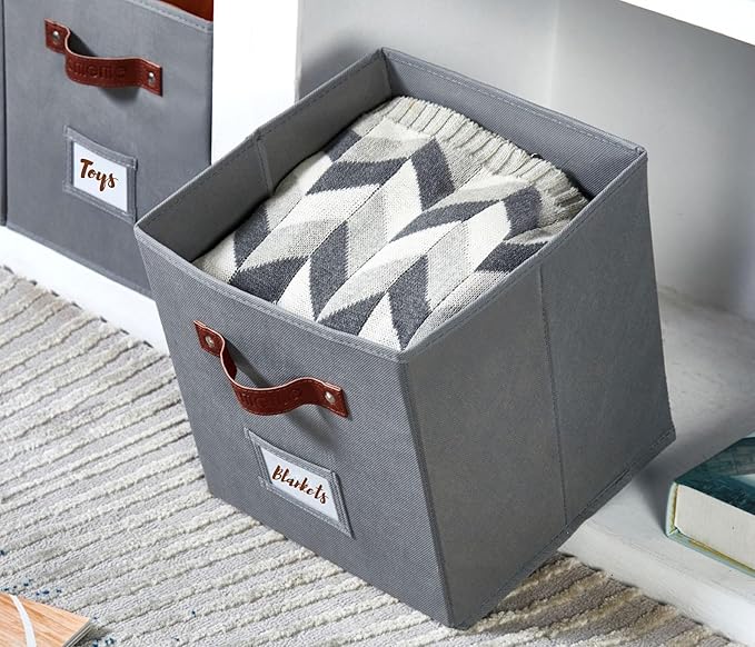 DECOMOMO Storage Cubes, 13x13x13 Storage Cube Bins with Labels, Fabric Organizer Bins (13" / 6pcs, Grey)
