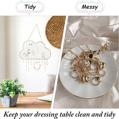 PH PandaHall Wall Jewelry Organizer, Stud Earring Holder Hanging Necklace Bracelet Display Stand with 10 Hooks Decorative Cloud Organizer for Necklaces Bracelets Small Grid for Stud Earring