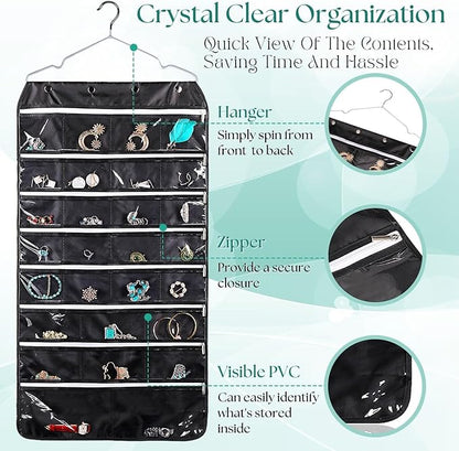 Flexzion Hanging Jewelry Organizer with Zippered Pockets - (1 Pack) Black Closet Jewelry Organizer Storage with Hanger, 56 Pockets Dual Sided Earring Organizer Hanging for Bracelets, Watches, Ring