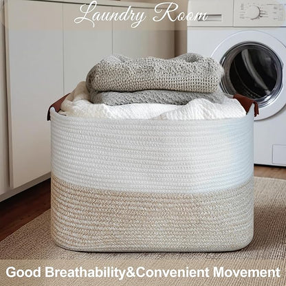 Large Cotton Rope Storage Basket with Leather Handles, Laundry Hamper Basket, 20 "L x 14" W x 12 "H, Durable & Stylish Organizer for Home.(Large Light Khaki)