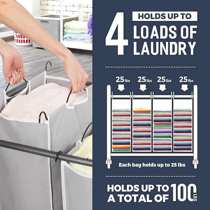 STO STO Laundry Sorter 4 Section, 4 Bag Clothes Hamper, Rolling Laundry Cart Basket with Heavy Duty Lockable Wheels and Removable Bag for Laundry Room, Bedroom, Closet, Gray