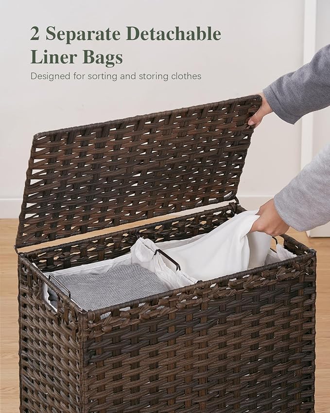 SETVSON Laundry Hamper with Lid, 112 L Handwoven Rattan Wicker Laundry Basket, 2 Removable Liner Bags Metal Heightened Feet, 6 Mesh Bags, 2 Section Large Clothes Hamper for Bathroom Bedroom, Brown