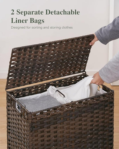 SETVSON Laundry Hamper with Lid, 112 L Handwoven Rattan Wicker Laundry Basket, 2 Removable Liner Bags Metal Heightened Feet, 6 Mesh Bags, 2 Section Large Clothes Hamper for Bathroom Bedroom, Brown