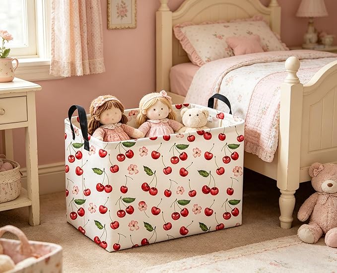 Sanjiaofeng Rectangular Kids Baskets,Pink Cherry Storage Bin,Kids Storage Bins,Collapsible Storage Bin Cute Organizer Box Books Box,Gift Basket,Girl Room Decor(Cherry)
