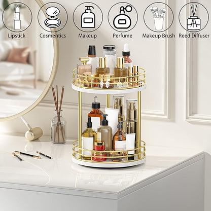 2-Tier Rotating Bathroom Countertop Organizer, Wooden Makeup Vanity Storage, Multifunctional Lazy Susan Turntable for Skincare, Perfume and Cosmetics (White-Gold)