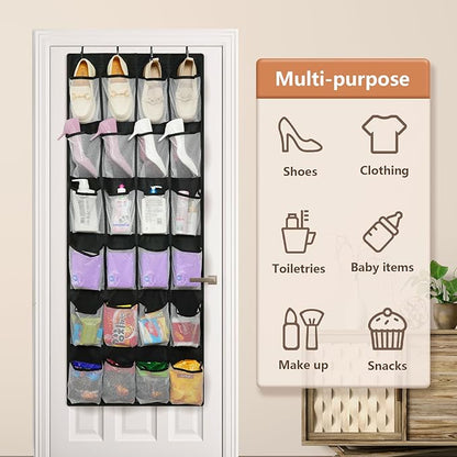 FENTEC 2 Pack Large Over The Door Shoe Organizer, 24 Pockets Mesh Hanging Shoe Organizers, Over Door Organizer, Black