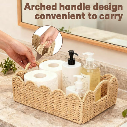 Hand Woven Paper Rope Scalloped Edge Decor Baskets for Home,Living Room, Bedroom,Storage over Above Behind Flush Tank,Toilet Basket,end Table,Shelves-Easily Fit with or Bedroom Decor,Set 3(Natural)