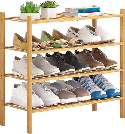 Bamboo Shoe Rack Stackable Shoe Shelf Storage Organizer for Unit Entryway Hallway and Closet Sturdy Freestanding Shoe Shelf (4 Tier Natural)