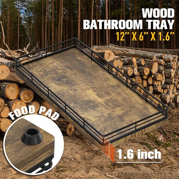 Bathroom Vanity Tray for Countertop, 12" x 6" Wood Toilet Tank Tray with Metal Guardrail, Bathroom Organizer for Soap, Perfume & Skincare, Non-Slip Decorative Tray for Dresser, Black & Rustic Brown