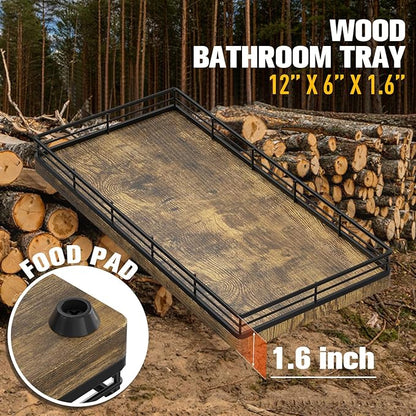 Bathroom Vanity Tray for Countertop, 12" x 6" Wood Toilet Tank Tray with Metal Guardrail, Bathroom Organizer for Soap, Perfume & Skincare, Non-Slip Decorative Tray for Dresser, Black & Rustic Brown