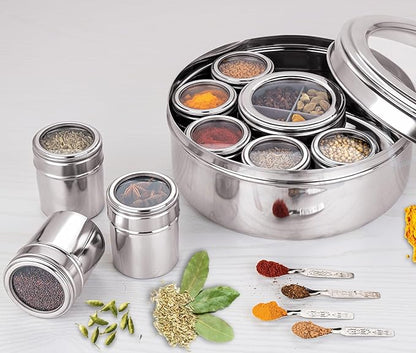 12 In 1 Stainless Steel Masala Box | Spice Box For Kitchen | Large Masala Dabba with See-Through Lid | Steel Masala Dani 2.5L Spice Organizer with 12 Compartment (22.5 cm, Silver)
