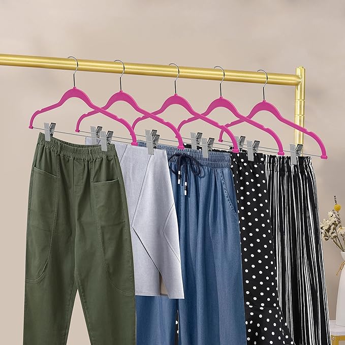 80 Pack Pink Quality Plastic Non Velvet Non-Flocked Thin Compact Coat Hangers with Metal Clips for Skirts Pants Blouses 360° Swivel Hook