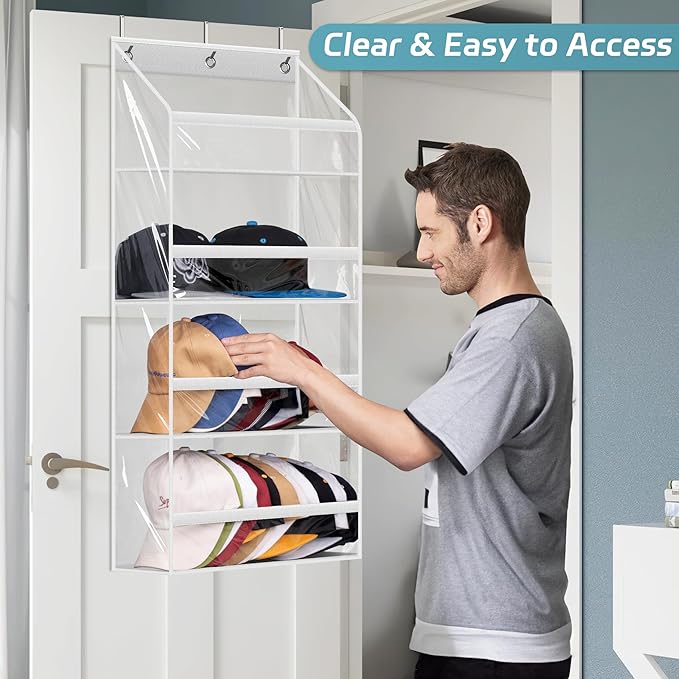 AOODA Clear Over the Door Hat Racks for Baseball Caps, Hold 48 Caps Hat Storage Organizer for Closet Wall, Deep Pockets Hanging Snapback Holder Shelves with 3 Hooks, White