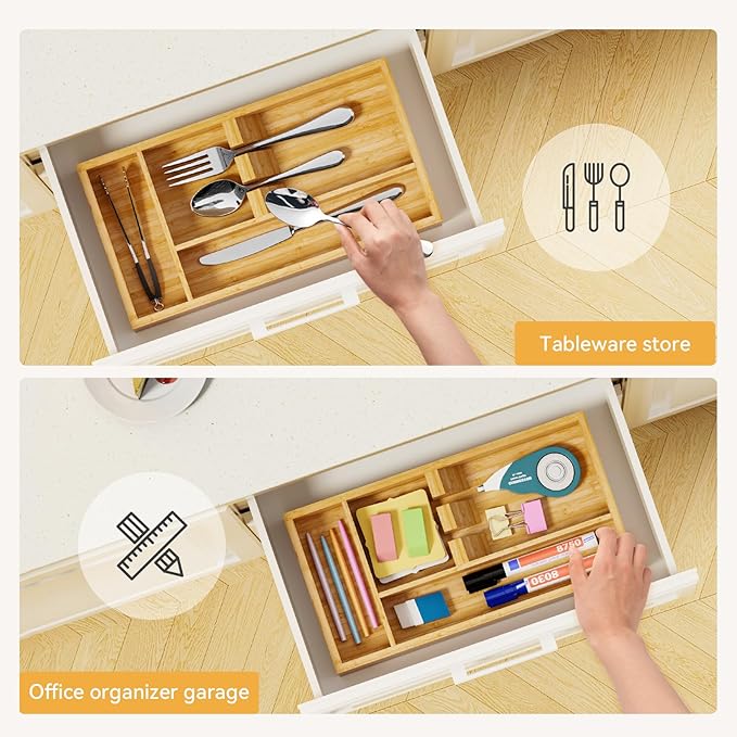 Yofidra Bamboo Silverware Organizer, 12.6 x 6.97 x 1.96 Inches Kitchen Utensil Drawer Organizer, Silverware Tray for Drawer with Fixed Slots for Spoons, Forks & Knives, Natural