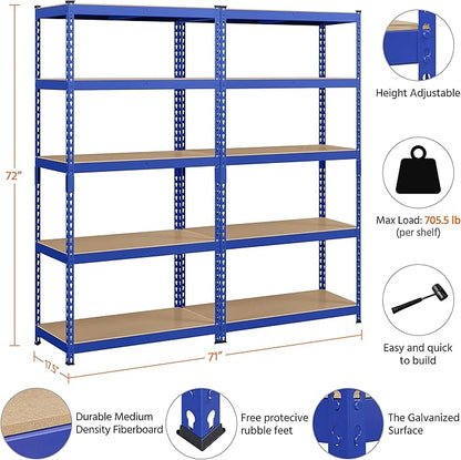 Topeakmart 2PCS 5-Tier Utility Shelves, Metal Storage Shelves Garage Shelving Unit Adjustable Garage Storage Shelves Storage Racks Heavy Duty Shed Shelving- Blue, 35.5 x 17.5 x 72 Inch