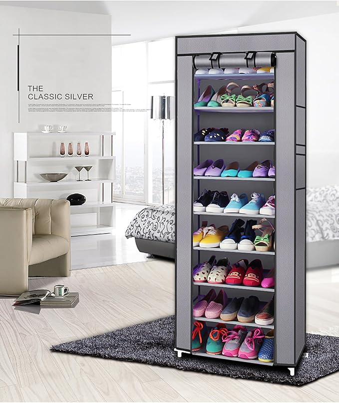 Tall Shoe Rack Organizer, Room-Saving 10-Layers 9 Lattices Non-Woven Fabric Shoe Rack Holds 22-30 Pairs Free Standing Shoe Storage Cabinet with Dustproof Cover for Closet, Entryway, Dorm, Bedroom,Gray