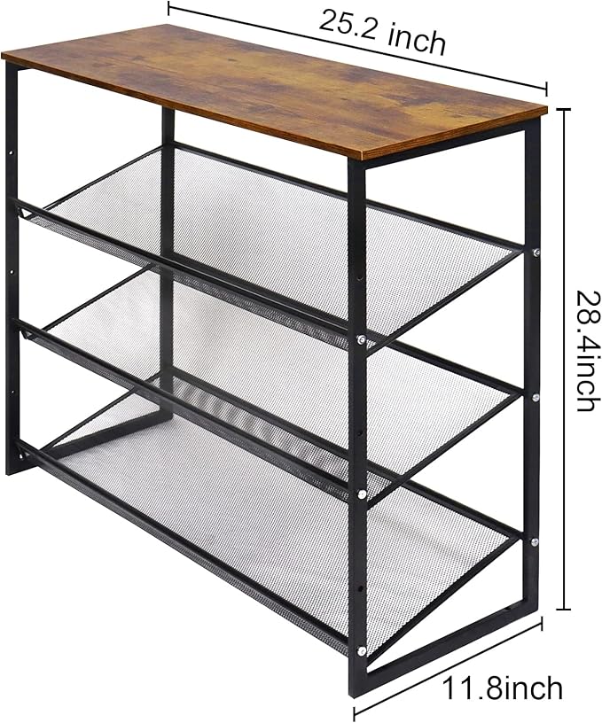 Garden 4 you Shoe Rack for Entryway 4 Tiers 11.8" D x 25" W x 28" H, Metal Shoe Rocks with Brown Wooden Tabletop, Angled Shoes Rack with Adjustable Mesh Shelves for Entryway Hallway Closet