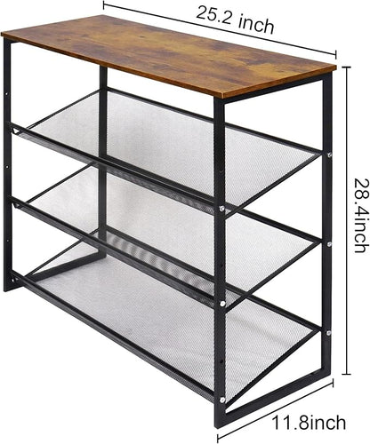 Garden 4 you Shoe Rack for Entryway 4 Tiers 11.8" D x 25" W x 28" H, Metal Shoe Rocks with Brown Wooden Tabletop, Angled Shoes Rack with Adjustable Mesh Shelves for Entryway Hallway Closet