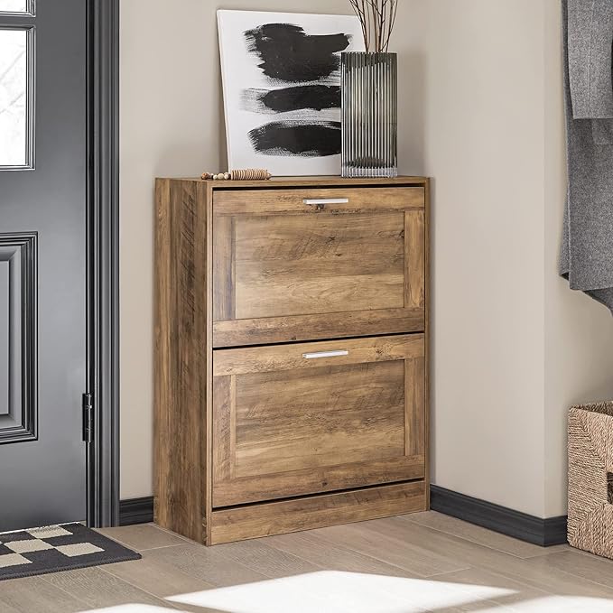 SoBuy Narrow Shoe Cabinet Entryway, Slim Shoe Rack 2 Flip-Drawers, Shoe Storage Cupboard for Hallway Brown FSR137-F