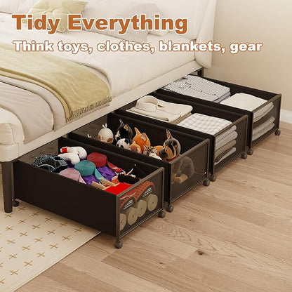 2 Pack Under the Bed Storage Containers,12 inch Height Under Bed Shoe Storage,31inch Long Underbed Storage with Wheels,Large Rolling under bed Clothes Storage Drawers with Lid for Dorm Tall,Black