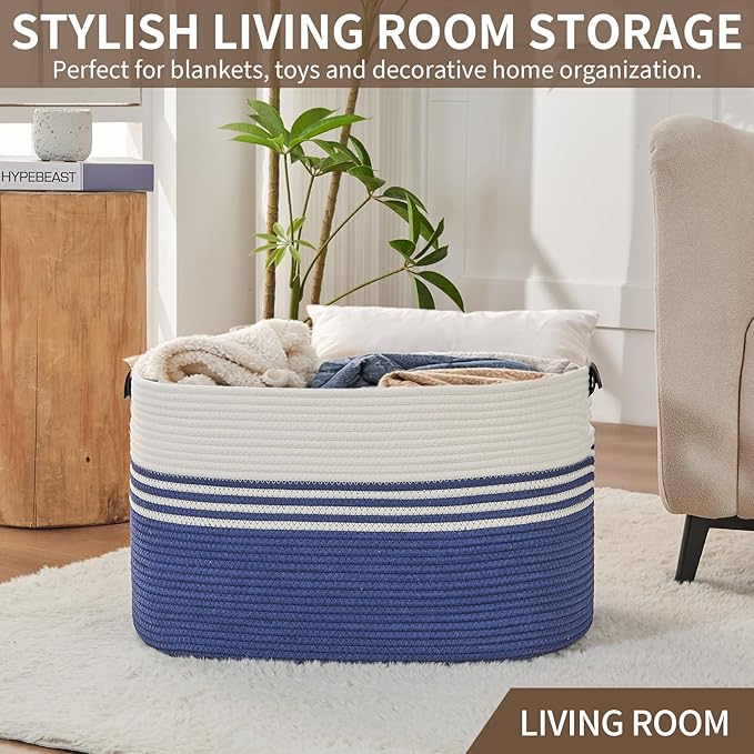 AINUOQI Laundry Basket with Handles - Blanket Basket & Hampers for Bedroom Aesthetic, Laundry Hamper & Blanket Storage for Living Room, Clothes Hamper, Tall, Large 21.7" x 16.9" x 11.8”, Blue