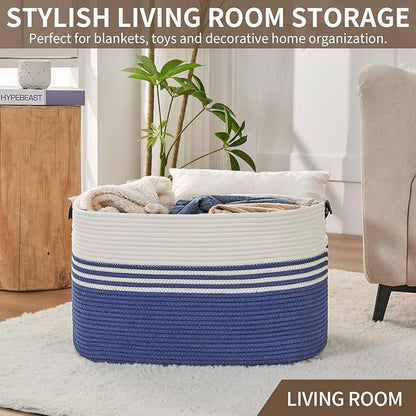 AINUOQI Laundry Basket with Handles - Blanket Basket & Hampers for Bedroom Aesthetic, Laundry Hamper & Blanket Storage for Living Room, Clothes Hamper, Tall, Large 21.7" x 16.9" x 11.8”, Blue