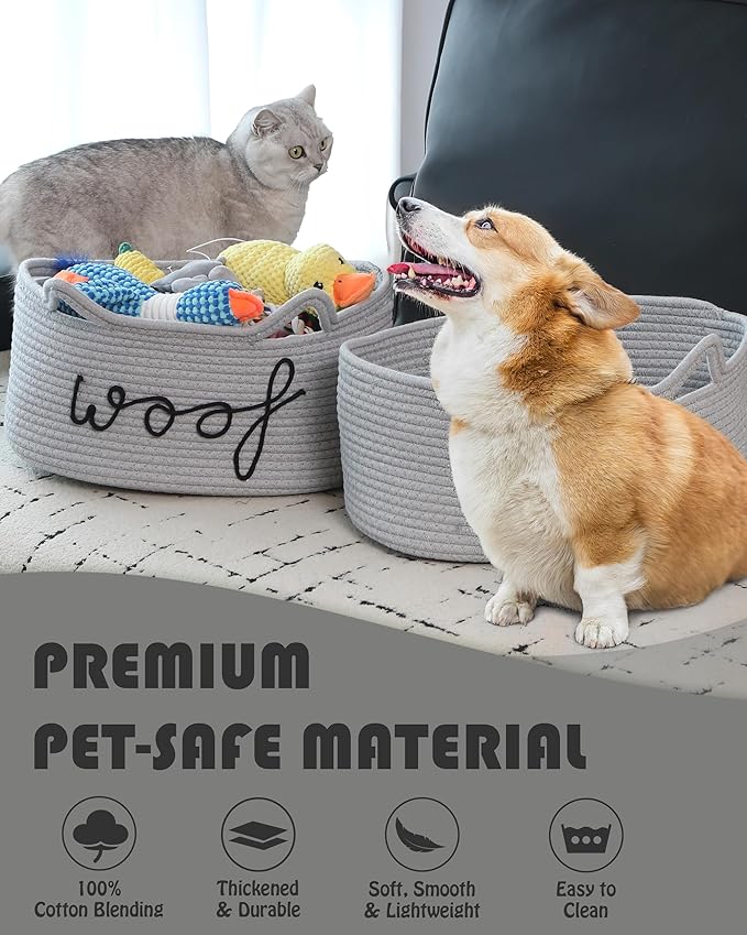 Sea Team Dog Toy Basket with Handles, 16.5 x 11 x 7 Inches, 4.4 Gallons Large Cotton Rope Storage Bin, Box, Shelf Organizer for Pet Chew Toys, Foods, Grey Woof