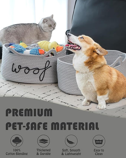 Sea Team Dog Toy Basket with Handles, 16.5 x 11 x 7 Inches, 4.4 Gallons Large Cotton Rope Storage Bin, Box, Shelf Organizer for Pet Chew Toys, Foods, Grey Woof