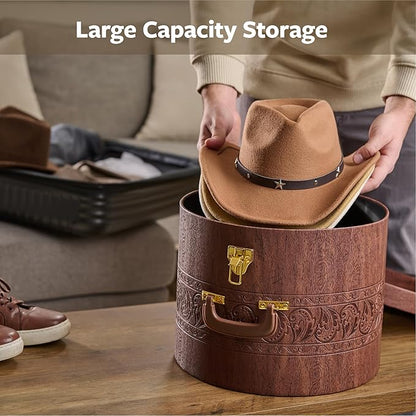 Creative Scents Large Hat Box for Men & Women Storage- Round Hat Box Container Easy Travel with Gold locking Lid and Sturdy Handle Great for Carrying & Protecting Round Hats and Caps. (Brown)