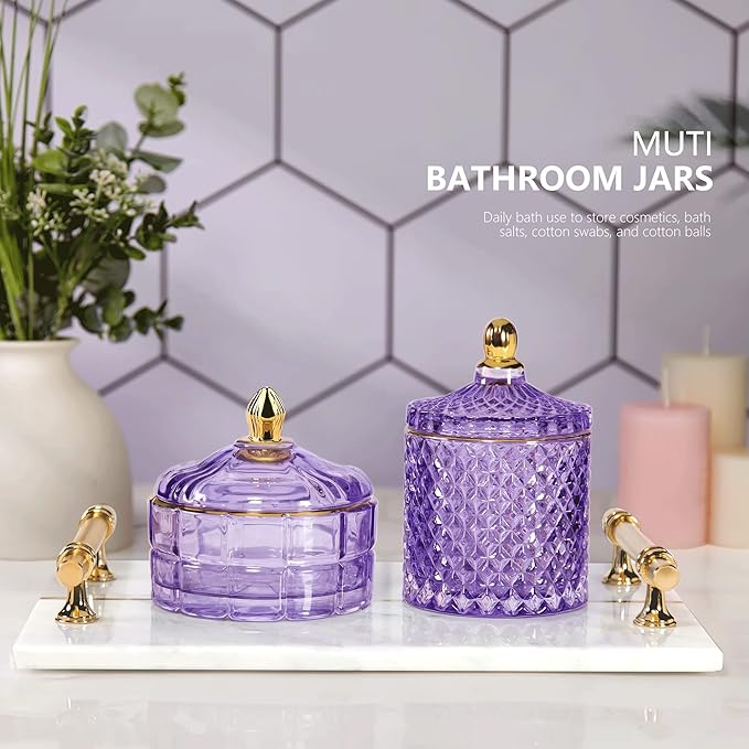 ALAMHI Crystal Candy Jar Apothecary Decorative Jars with Lids Purple Storage Jewelry Glass Trinket Box Cute Candy Dish with Lid for Candy Buffet Gift Ideas, for Women