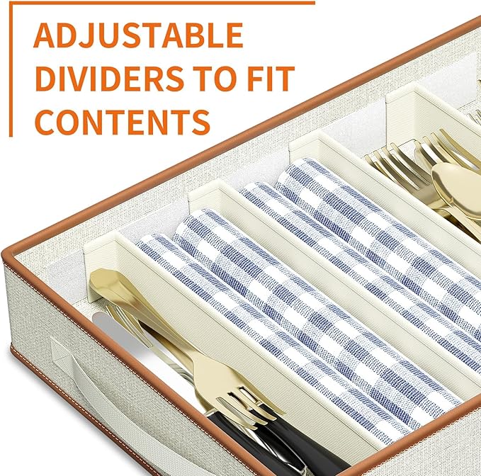 Aokeyee 2-Pack Silverware Storage Box, Sturdy Flatware Organizer with 5 Compartments & Adjustable Dividers, Utensil Case with Clear Lid & Handle for Knives, Forks & Spoons, Ivory