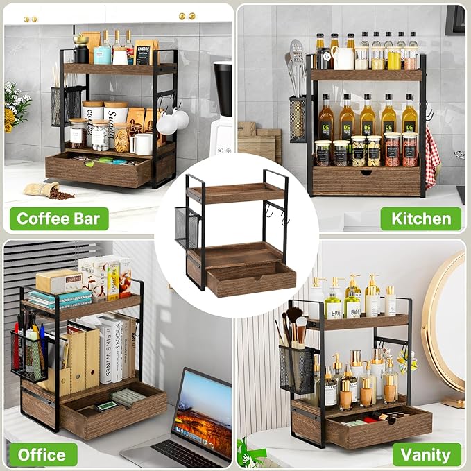 2-Tier Bathroom Counter Organizer with Drawer Basket and Hooks, Wood Bathroom Organizers and Storage for countertop, Farmhouse Dark Brown Countertop Organizer, Counter Shelf for Vanity Kitchen Office