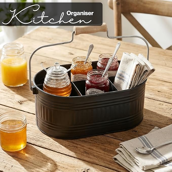 Alpha Living Home Large Silverware Drawer Organizer, Utensil Holder, Silverware Organizer, Caddy, Cutlery Holder, Wooden Handle 4-Section Galvanized Flatware Organizer for Kitchen, BBQ Black