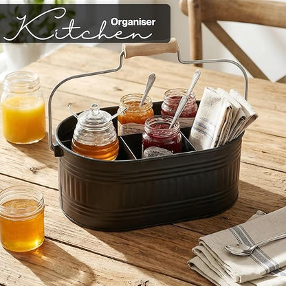 Alpha Living Home Large Silverware Drawer Organizer, Utensil Holder, Silverware Organizer, Caddy, Cutlery Holder, Wooden Handle 4-Section Galvanized Flatware Organizer for Kitchen, BBQ Black