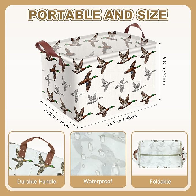 Mallard Duck Storage Basket Waterproof Canvas Toy Storage Bin Mallard Duck Room Decor Collapsible Outdoor Basket with Leather Handles Blanket Baskets For Closets,Bedrooms,Gifts Baskets
