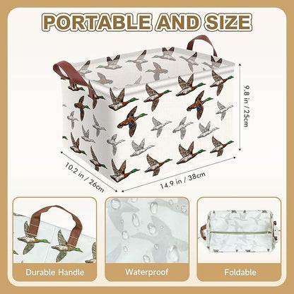 Mallard Duck Storage Basket Waterproof Canvas Toy Storage Bin Mallard Duck Room Decor Collapsible Outdoor Basket with Leather Handles Blanket Baskets For Closets,Bedrooms,Gifts Baskets
