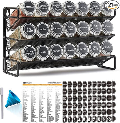 SpaceAid Spice Rack Organizer with 21 Spice Jars, 386 Spice Labels, Chalk Marker and Funnel Set for Cabinet, Countertop, Pantry, Cupboard or Door & Wall Mount - 21 Jars, 13.4" W × 9" H, Black