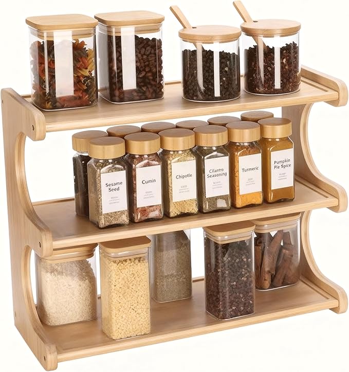 Spice Rack, 3-Tier Bamboo Spice Rack Organizer for Countertops - Kitchen, Pantry and Cupboard Storage Organizer