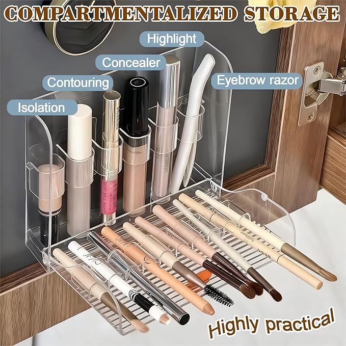 Wall-mounted Makeup Organizers, 16-Slot Eyeliner Lip Liner Organizer Holder, Makeup Organizer for Brush, Makeup Pencils, Concealer Pencil Display Case for Vanity Bathroom (Transparent White)