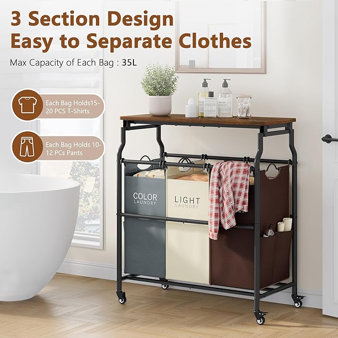 Hoctieon 3 Section Laundry Sorter Cart with Ironing Board, Laundry Hamper Basket with Shelf and Wheels, Heavy Duty Clothes Organizer, Large Clothes Separator with Removable Bags, Brown+Gray+Beige