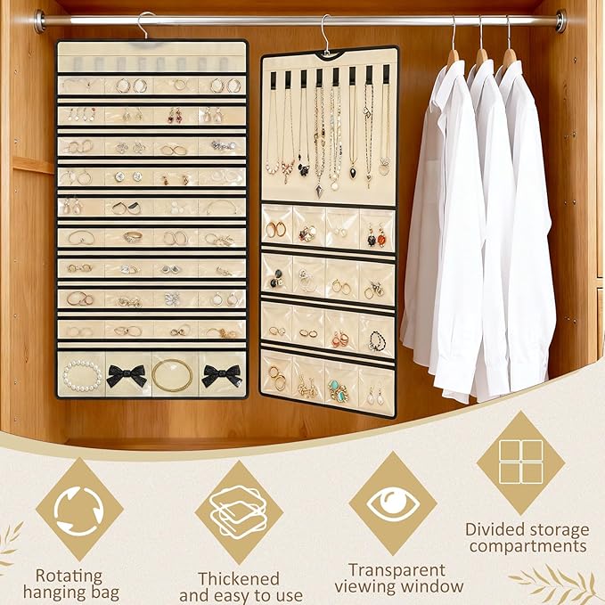 SATINIOR 2 Pcs Hanging Jewelry Organizer Storage Roll with Hanger Metal Hooks Double-sided Jewelry Holder for Earrings, Necklaces, Rings on Closet, Wall, Door, Large, Beige