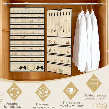 SATINIOR 2 Pcs Hanging Jewelry Organizer Storage Roll with Hanger Metal Hooks Double-sided Jewelry Holder for Earrings, Necklaces, Rings on Closet, Wall, Door, Large, Beige