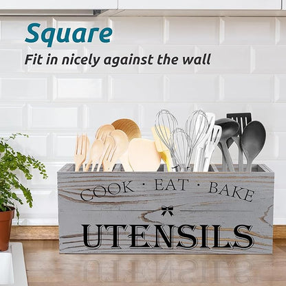 Suli Extra Large Kitchen Utensils Holder with 4 Compartments, Wooden Utensil Organizer for Kitchen Countertop, Farmhouse Decor, Rustic Cooking Utensil - Grey grain
