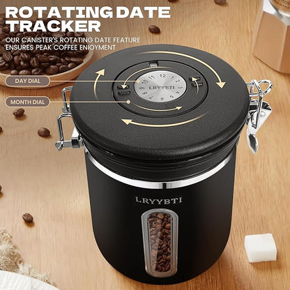 Coffee Canisters with Window,Scoop and Airtight Lid Stainless Steel Kitchen Bean Storage Grounds Container Date Tracker and Scoop for Grounds Coffee Bar Accessories (Black+window, 38 oz)
